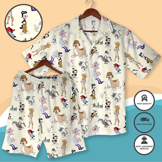 Discover Cartoon Hawaiian Shirt  Retro Character Print Aloha Shirt & Shorts, Fun Summer Outfit, Vintage Animation Style Vacation Clothing