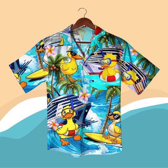 Discover Funny Duck Hawaiian Shirt Tropical Cruise Vacation Button Up Shirt, Beach Summer Shirt, Colorful Cartoon Duck Aloha Shirt Gift