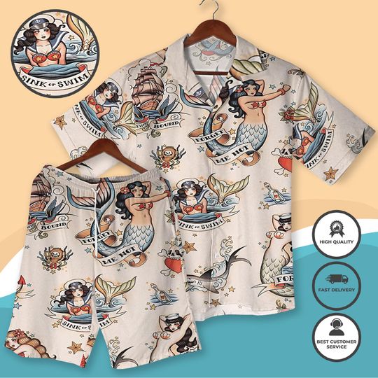 Discover Retro Nautical Mermaid Hawaiian Shirt and Short, Vintage Sailor Tattoo Style Outfit, Beach Summer Vacation Matching Shirt