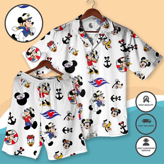 Discover Mickey and Friends Cruise Captain Hawaiian Shirt And Shorts Mickey Cruise Outfit Nautical Beach Apparel Sailor Mickey Vacation Wear Trip