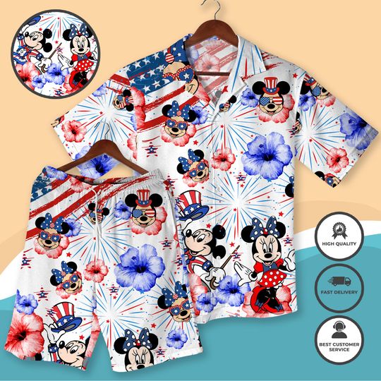 Discover Patriotic Mickey Minnie Hawaiian Shirt and Shorts 4th of July Outfit American Flag Aloha Shirt, Summer Apparel Mickey Mouse USA Holiday Wear