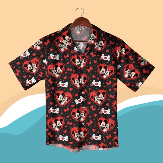 Discover Mickey Minnie Valentine Hawaiian Shirt, Valentine Matching Couple Shirt, Love Heart Aloha Shirt, Matching Valentine Outfit Gift