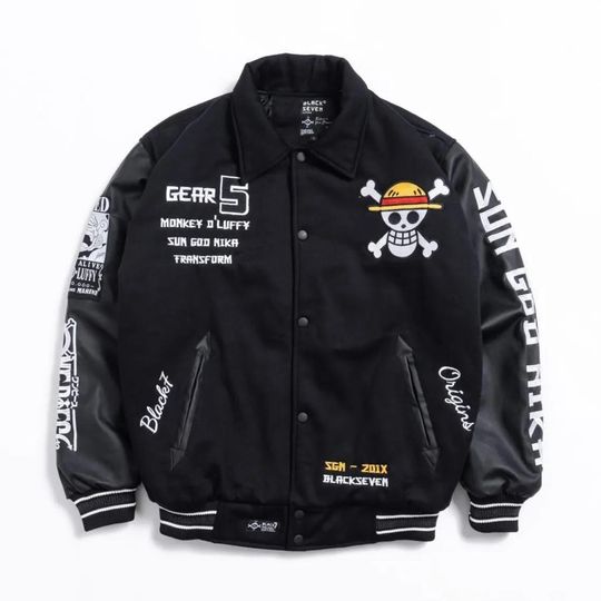 Discover One Piece Gear 5 Anime Varsity Coat for Fans | Sun God Nika Luffy Inspired Vintage Streetwear | Embroidery + Sublimation + Free T Shirt