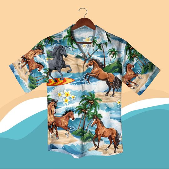 Discover Surfing Horse Hawaiian Shirt and Shorts, Tropical Beach Horse Riding Outfit, Wild Horse Summer Vacation Wear, Equestrian Gift Matching Shirt