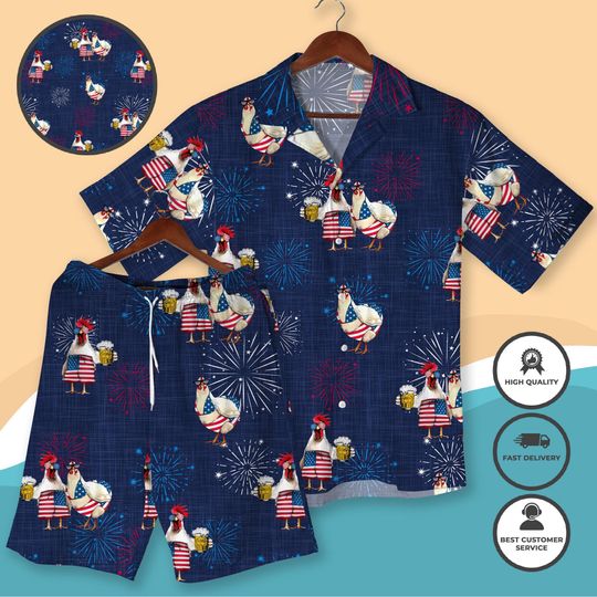 Discover Funny Patriotic Chicken Hawaiian Shirt and Shorts USA Flag BBQ Outfit, American Rooster Beer Shirt, Red White and Blue Wear Independence Day