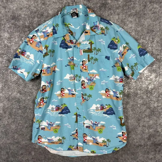 Discover Disney Lilo & Stitch Hawaiian Shirt Men’s Medium All-Over Print Button-Up Beachwear