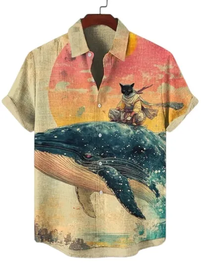 Discover Men's Hawaiian Casual Shirt with Black Cat Warrior Animal Print Summer Clothing