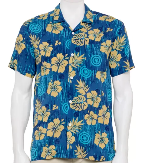 Mens Captain America Hawaiian Shirt Tropical Floral Button-Up