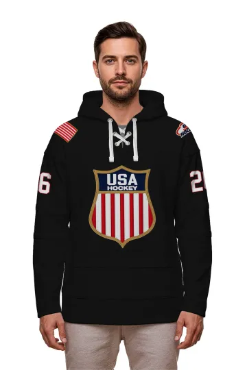 Discover USA Hockey Shield Logo Black Hockey Hoodie Jersey