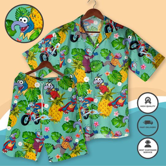 Puppet Hawaiian Shirt and Short, Tropical Pineapple Beach Outfit Funny Stuntman Summer Suit Retro Muppets Luau Wear, Blue Alien Vacation