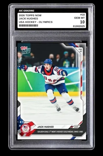 2026 Jack Hughes Topps NOW USA Hockey Card #18 Olympics - Gold Medal Graded 10