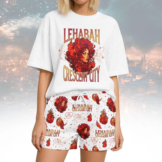 Discover Flame Girl Tee & Shorts PJs, Lehabah Short Pajamas Set, Crescent City T-Shirt Pyjama, Short Pants Homewear, Sleepwear Gift For Fantasy