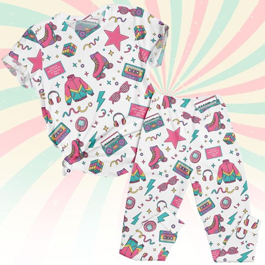 Discover Memphis Art T-Shirt & Pants PJs Set, Retro Memphis Homewear, Party Vibes Pyjama, Memphis Pop Art Matching Set, Gift For Her