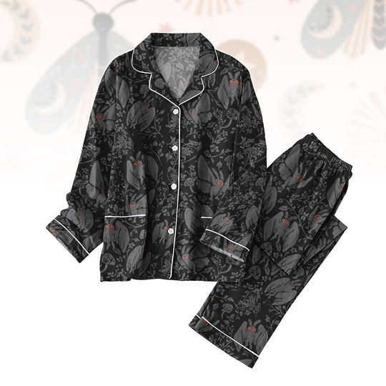 Discover Moth Pattern Long Thick Pajama Set, Insect Print Thick Pajamas, Black Butterfly Long Pyjama, Women Matching PJs Set, Unique Gift for He