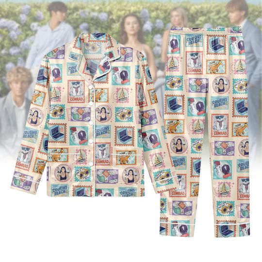 Discover Team Conrad Long Satin Pajama Set, Cousins Beach Stamp Satin PJs, Jeremiah Sleepwear, Button Down Pyjama, Cozy Lounge, Gift For Her