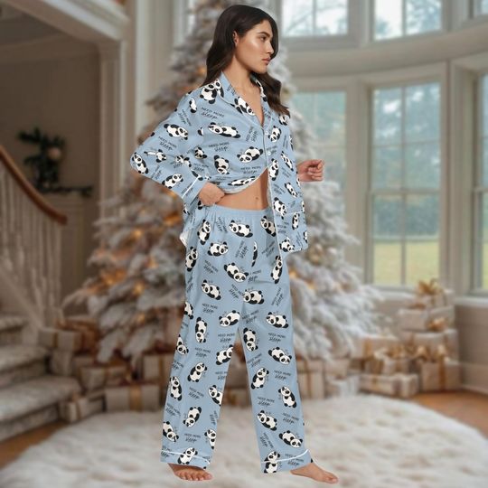 Discover Panda Long Thick PJs Set, Cute Panda Thick Pajamas, Blue Panda Long Pajama Set, Panda Pajamas, Gift for Animal Lover