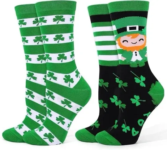Discover 2 Pairs St. Patrick's Day Socks for Women Men, Funny Black Green Shamrock Stripe