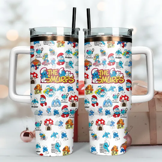 Discover Cute Blue Village Cartoon Characters Tumbler with Handle