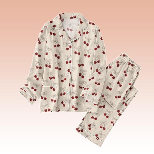 Discover Cherry Fruit PJs Set, Cherry Print Long Pajamas Set, Cute Long Pajama Set, Women Pajamas, Gift for Her