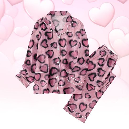 Discover Heart Print PJs Set, Leopard Pajamas Set, Heart Long Pajama Set, Women Pajamas, Gift for Her