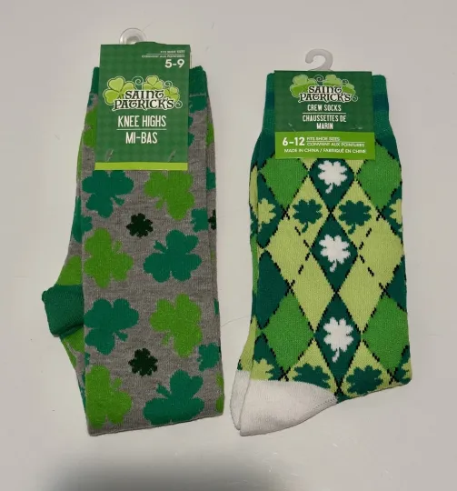 Discover 2 Pairs of St. Patrick Day Socks, Size 6-12 Clover Lucky Holiday Apparel