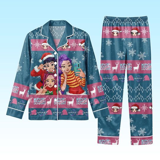 Discover Christmas Kpop Hunter Pajamas Set, Kpop Girl Pajamas Set, Xmas Sleepwear, Demon Hunter Merch, Kpop Fan Gift, Pajama Set