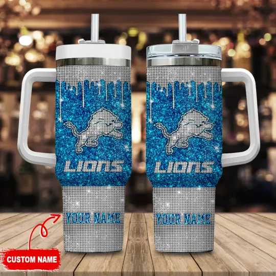 Discover Custom Name Blue Lion Football Glitter Tumbler With Handle 20oz 30oz 40oz