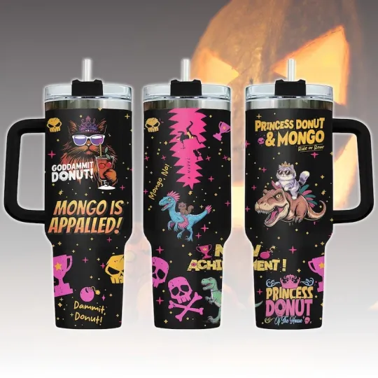 Discover Princess Donut & Mongo 40oz Tumbler with Handle - Fantasy Bookish Stainless Steel Drinkware