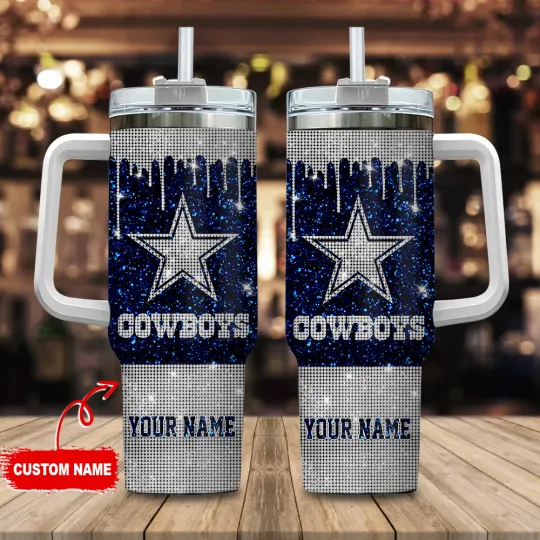Discover Custom Name Blue Star Football Glitter Tumbler With Handle 20oz 30oz 40oz