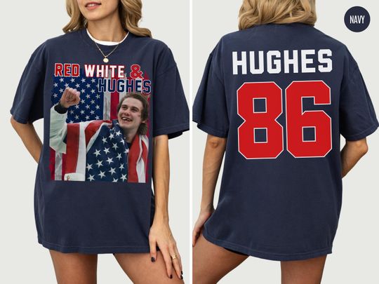 Discover Red White & Hughes Hockey Tee, American Hockey Fan Tee, Jack Hughes Broken Teeth Shirt, Patriot American Hockey Hughes Shirt