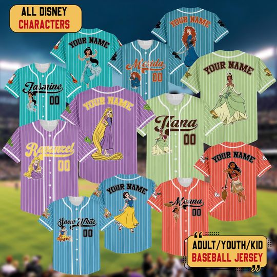 Discover Personalized Disney Princess Baseball Jersey, Custom Tiana Tinker Bell Ariel Jersey Team, Disney Princess Shirt, Girl Trip Matching Outfit
