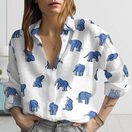 Discover Blue Elephant Linen-Look Shirt, Cute Boho Blouse Shirt, Animal Pattern Button Shirt, Safari Cottagecore Shirt, Blouse Women Shirt