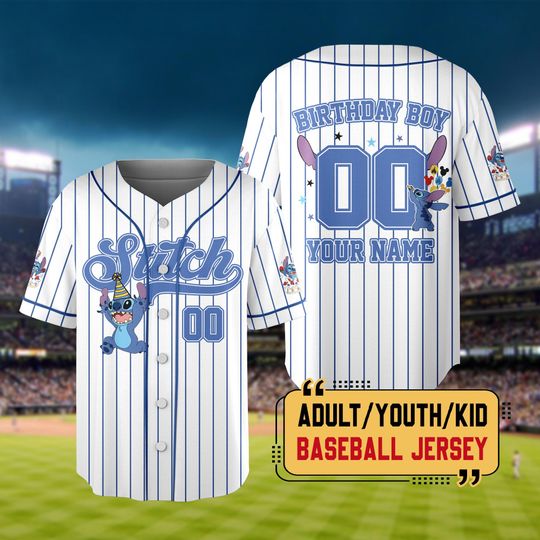 Discover Personalized Stitch Birthday Baseball Jersey, Custom Disney Birthday Boy Jersey, Disney Kids Birthday Trip Shirt, WDW Birthday Gift Tee