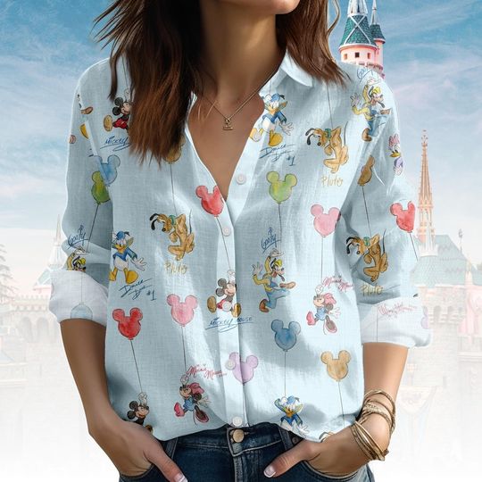 Discover Disney Mickey and Friends Blouse Women's Long Sleeve Shirt with Classic Character Print
