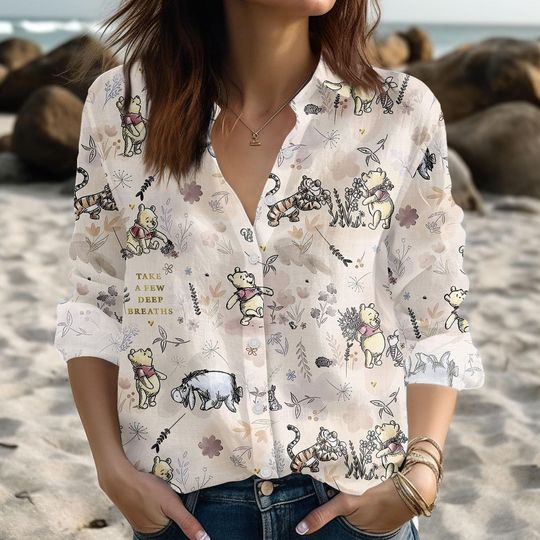 Winnie The Pooh Women's Blouse Shirt, Disney Characters Linen-Look Top, Summer Gift for Her