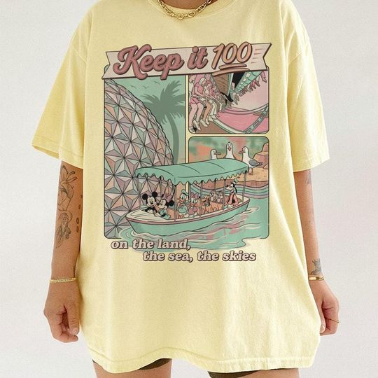 Discover Keep It 100 On The Land The Seas The Skies Shirt, Disneyland Boat Seagull Tee, Disneyland Parks with Spaceship Earth T-shirt