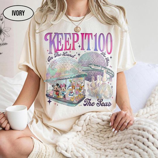 Discover Keep It 100 On The Land The Seas The Skies Shirts, Retro Disney EPCOT Parks Tee, Spaceship Earth WDW Family Trip Gift,  Magic Kingdom Shirts