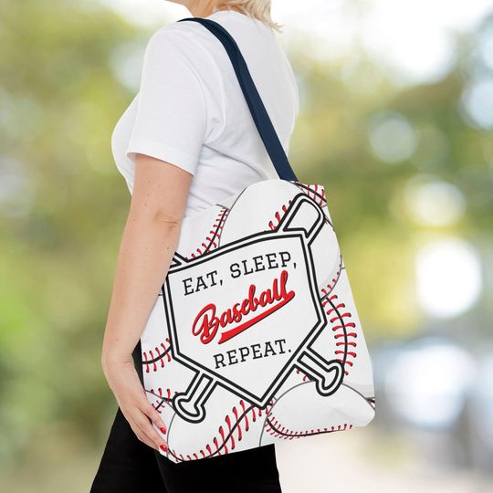 Discover Baseball Print Tote Bag: 'Eat, Sleep, Baseball, Repeat' Graphic