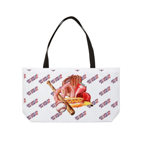 Discover Baseball Glove, Bat & Hot Dog Weekender Tote Bag | Sports Snack Pattern