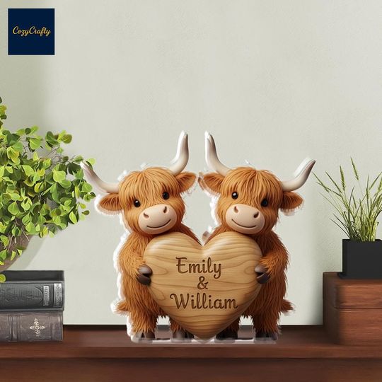 Discover Custom Acrylic Animal Block, Personalized Highland Cow Couple Gift, Anniversary Valentines Decor, Cute Farm Love Keepsake, Wedding Gift