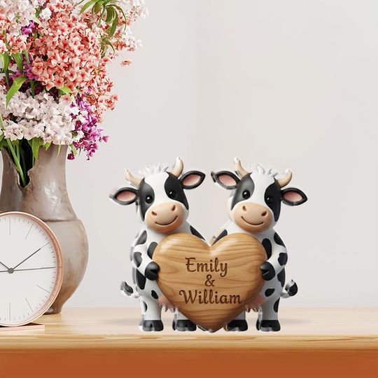 Discover Personalized Cow Couple Shaped Acrylic Plaque Block with Heart Name Plaque, Farmhouse Desk Decor