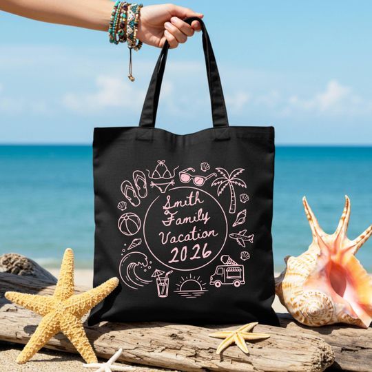 Discover Personalized Family Vacation or Spring Break Tote Bag 2026 | Custom Beach Tote | Matching Shirts Available in Shop, Beach Themed Doodle Art