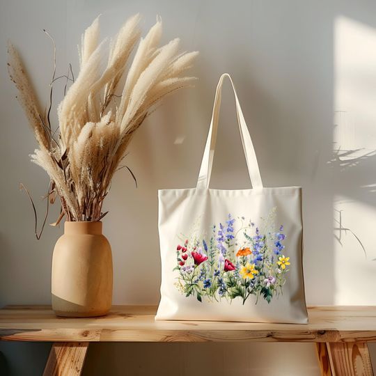 Discover Wildflower Floral Tote Bag  Reusable Canvas Market Bag, Botanical Garden Gift for Nature Lovers, Cottagecore Aesthetic Spring Tote