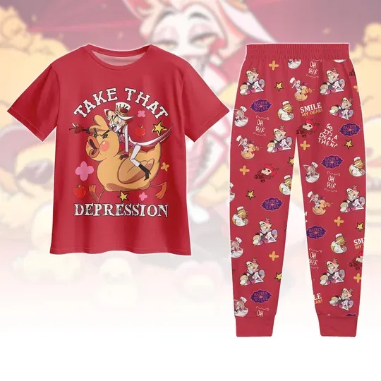 Discover Lucifer Take That Depression Pajamas Set, Hazbin Hotel Pajamas Pants, Lucifer Morning Shirt, Animated Series Pj Set, Gift For Fan