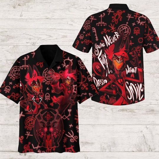 Discover Alastor Hawaiian Shirt, Alastor Hazbin Shirt, Alastor Hazbin Button Shirt, Angel Dust Shirt, Button Up Shirt, Summer Shirt