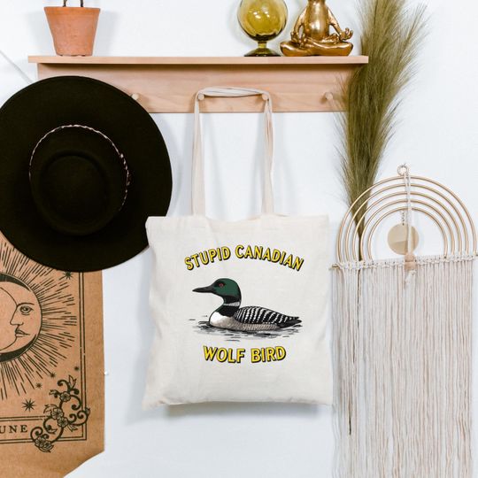 Discover Stupid Canadian Wolf Bird Tote Bag | Hockey Romance Fandom Black Canvas Tote | IYKYK BookTok Reader Bag | Funny Hockey Meme