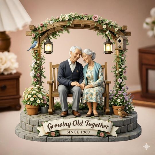 Discover Personalized Anniversary Figurine Shaped Acrylic Plaque, Growing Old Together Statue,Elderly Couple Gift