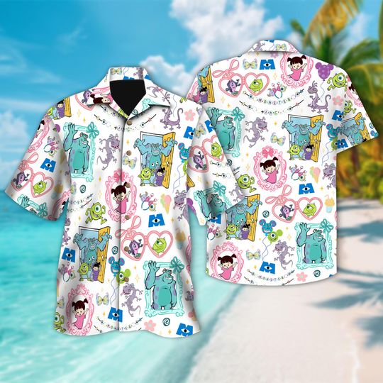 Discover Disney Coquette bow Monster Inc. Hawaiian Shirt, Sully Mike Boo Monster Button Up, WDW Disneyland Girls Trip Birthday Girl Hawaii Shirt