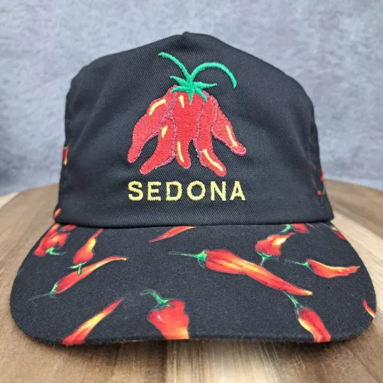 Vintage Sedona Arizonna Hat Cap Leather Strapback Black Trucker Chili Pepper AOP
