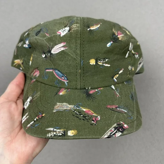 Discover Vtg Fly Fishing Snapback Cap All Over Print Lures Flies Tackle Faded Green USA